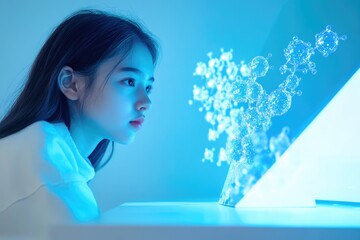 A young girl intently observes a holographic projection of molecules, possibly exploring science or medicine.