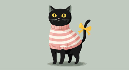 Fototapeta premium Adorable Black Cat Wearing Pink Striped Sweater with Yellow Bow