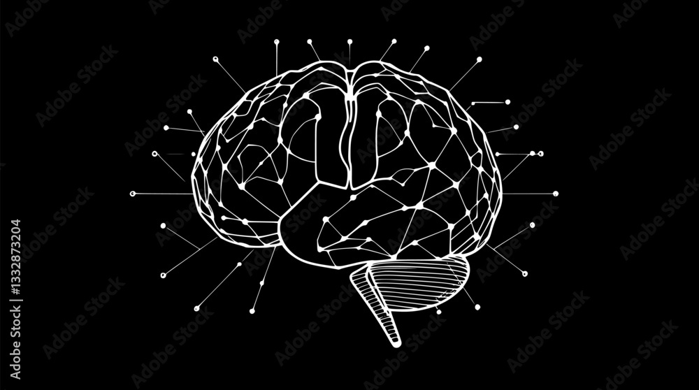 Poster outline illustration of an ai brain with neural connections minimal artificial intelligence vector a