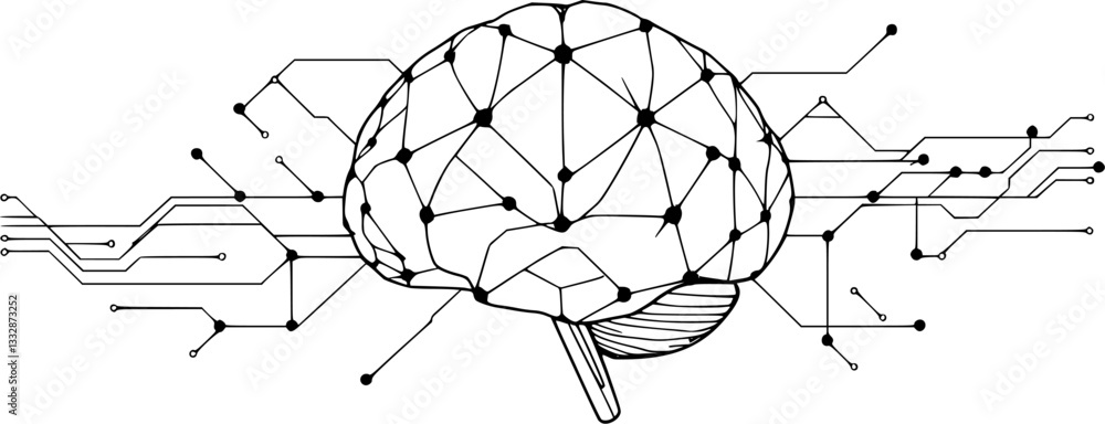 Poster outline illustration of an ai brain with neural connections minimal artificial intelligence vector a