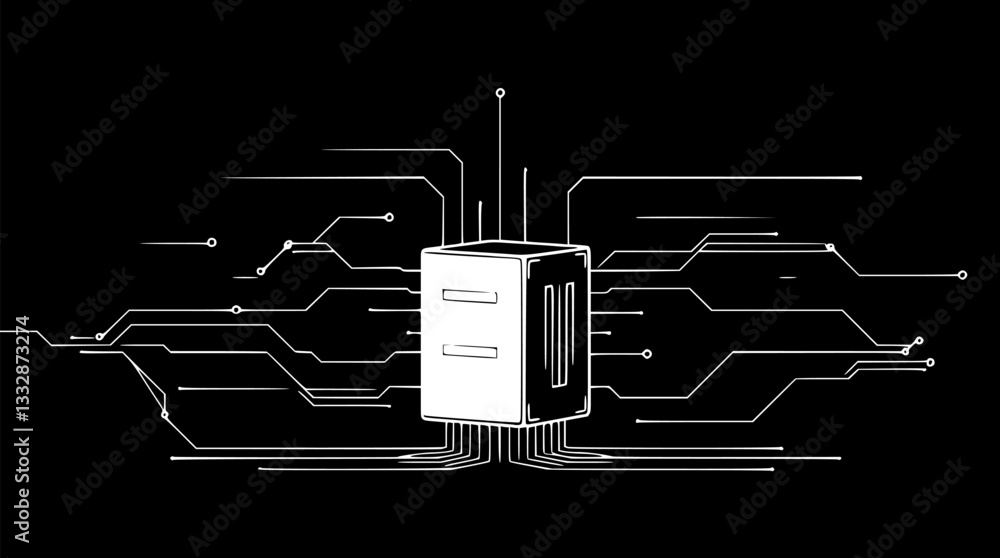 Aufkleber outline illustration of an ai data processing chip minimal futuristic technology vector design.