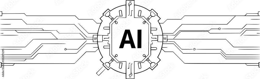 Aufkleber outline illustration of an ai data processing chip minimal futuristic technology vector design.