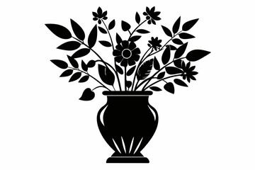 vase with flowers and leaves line art silhouette vector illustration