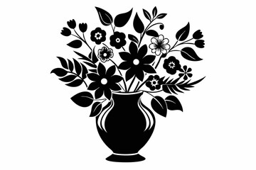vase with flowers and leaves line art silhouette vector illustration