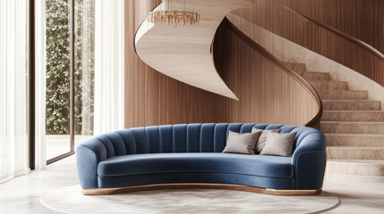 Luxurious curved sofa in modern home entryway with grand staircase