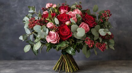 This stunning bouquet showcases a mix of vibrant red and soft pink roses surrounded by lush greenery. Perfect for celebrations, gifts, or home decoration
