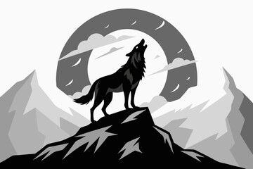wolf howling mountain line art silhouette vector illustration