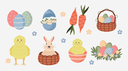 Happy Easter collection. Elements: rabbit, carrot, chick, colorful eggs, flowers. Vector illustration of spring and Easter designs.
