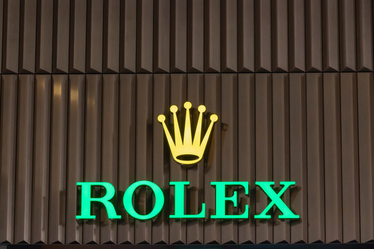 Oahu, Hawaii, USA - February 22, 2024 - Close up of the Rolex store logo from the shop located at Ala Moana Shopping Center.