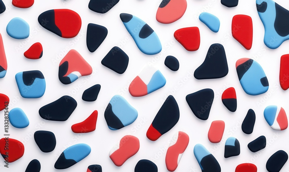 Poster Pattern of colorful abstract shapes in red, blue, and black tones on a white background, clean modern design creating a playful visual effect,