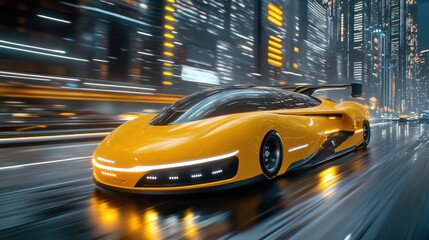 Futuristic Yellow Sports Car Speeding Through Neon City at Night
