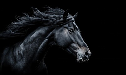 Dramatic close-up of a black stallion in motion, its glossy mane softly illuminated to emphasize its strength and grace