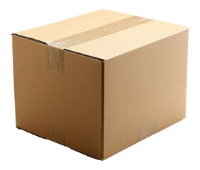 Brown Cardboard Box Closed. Shipping container isolated. Package with tape. Png transparent.