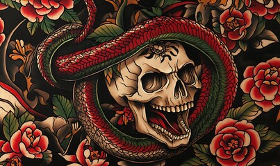 Fototapeta premium A skull is coiled inside a snake with roses all around it