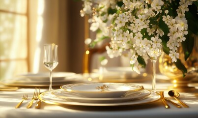 Elegant dining table setup with fine porcelain plates, golden cutlery, and floral decorations, warm soft light creating a cozy festive ambiance, clean luxurious style,