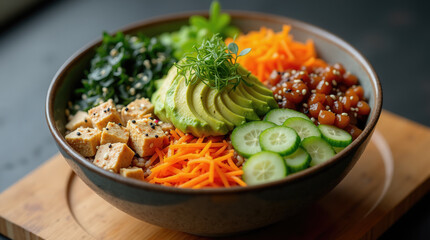 A vibrant bowl filled with fresh vegetables, tofu, avocado, and cucumber is beautifully arranged in a cozy restaurant. This nutritious meal is perfect for a healthy lunch option