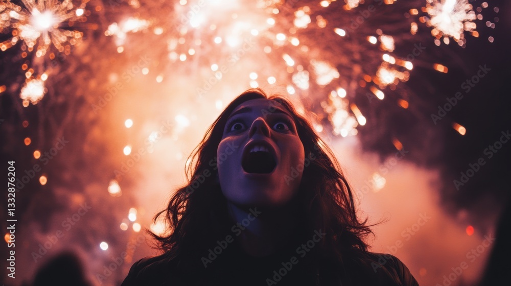 Aufkleber watching a breathtaking fireworks display with wide eyes and an open mouth under a vibrant night sky