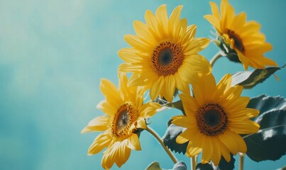 Sunflowers with vibrant yellow petals against a clear blue sky.