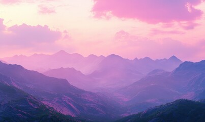 Fototapeta premium Purple mountains with pink sky and clouds during sunset, scenic.