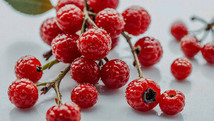 Close-up of red berries on a white backdrop
