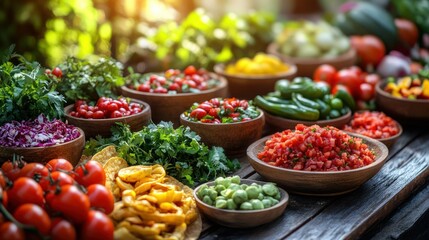 Fototapeta premium Colorful array of fresh vegetables and salsas, ready to be enjoyed. A vibrant display of chopped produce in rustic wooden bowls, perfect for a flavorful feast