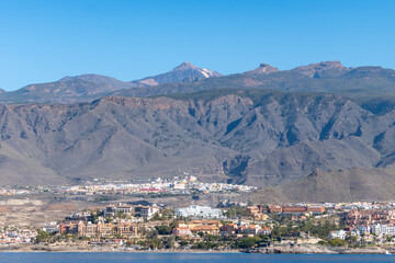 Hotels, resorts, beaches on South of Tenerife in Costa Adeje and Playa de las Americas, Canary islands, Spain in winter, view from ocean © barmalini