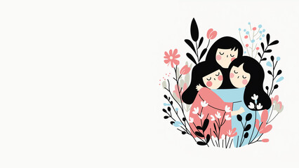 Simple vector like illustration of three cute girls hugging. White background with scheme of white, pink, blue and black flowers. Copy space, 16:9