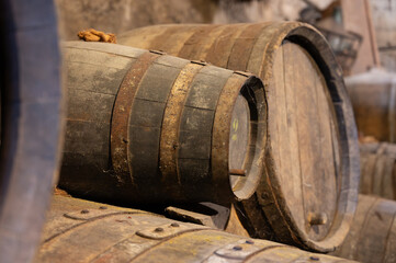 Visit of old caves with oak barrels, wine making on bodegas wineries on volcanic soils of Mount Teide in Tacoronte-Acentejo wine region on Tenerife, Canary islands vacation, Spain