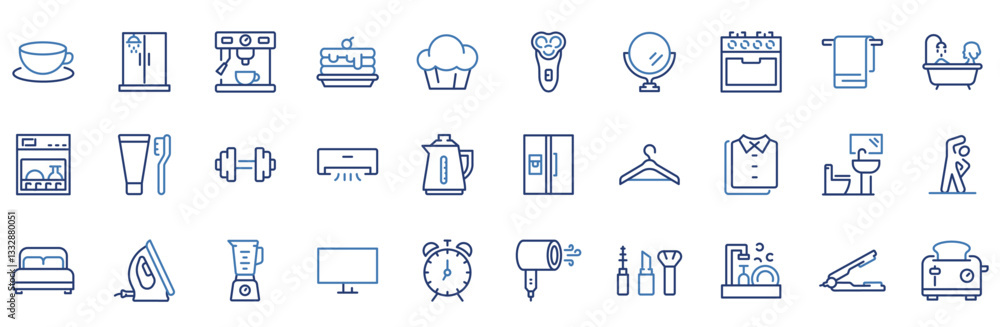 Poster set of 30 outline icons related to morning routine. blue linear icon collection. editable stroke. ve