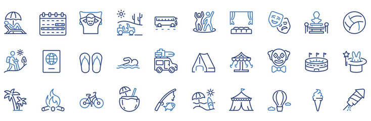 Holiday blue web line icons. Party, celebration, dancing, music, congrats and more. Editable stroke. Vector illustration