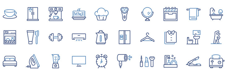 Set of 30 outline icons related to morning routine. Blue Linear icon collection. Editable stroke. Vector illustration
