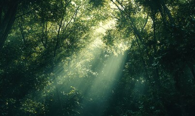 Fototapeta premium Scenic view of a dense forest with sunlight filtering through the tall trees, vibrant green tones creating a peaceful natural atmosphere, stylish nature photography,