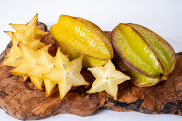 Ripe fresh averrhoa carambola or star fruits on board