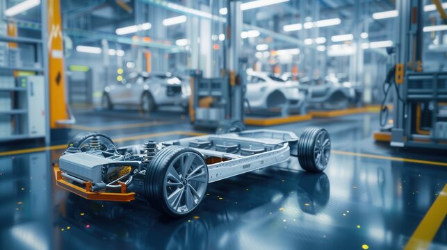 Modern electric vehicle assembly line featuring battery pack production and innovative green technology in a state-of-the-art facility Generative AI