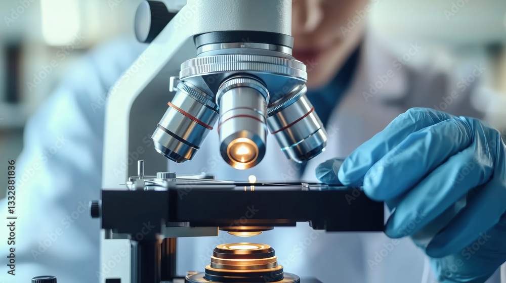 Poster Scientist using microscope conducting laboratory research for science and technology