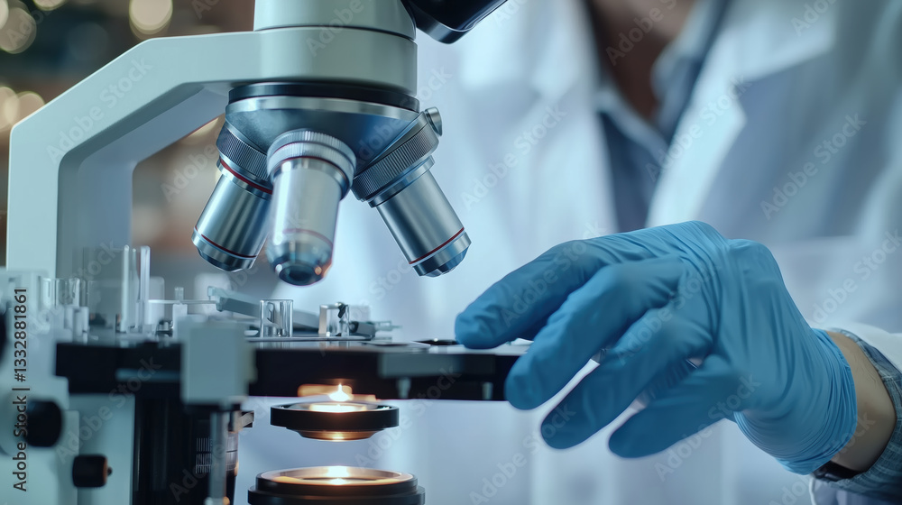 Poster Scientist adjusting microscope slide in laboratory research setting