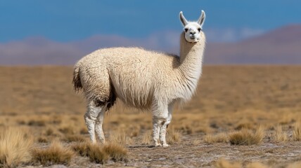 Fototapeta premium Creamy White Llama in a Dry Brown Field under a Clear Blue Sky