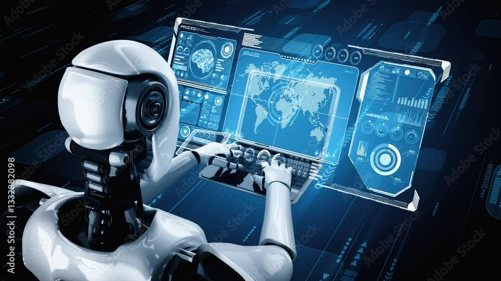 Poster robot hominoid use laptop and sit at table for big data analytic using ai thinking brain , artificia