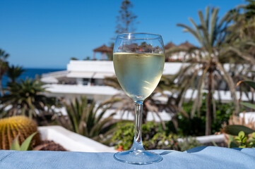 Celebration, birthday party, drinking of cold dry white wine in vacation resort Costa Adeje, Tenerife, Canary islands winter sun vacation, Spain
