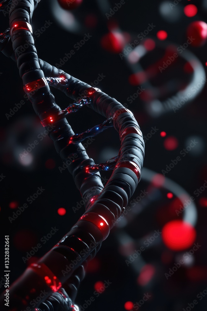 Poster intricate details of dna strands illuminated by dynamic red lights in a dark setting showcasing biot
