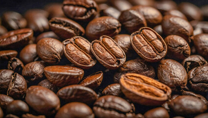 Naklejka premium Close-up of roasted coffee beans with cinnamon, aromatic food photography