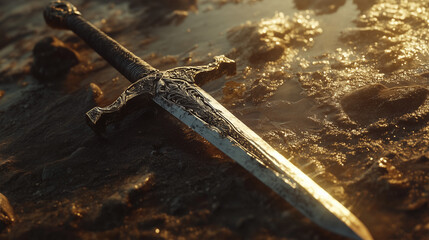 Naklejka premium sword lying on the ground. dark background