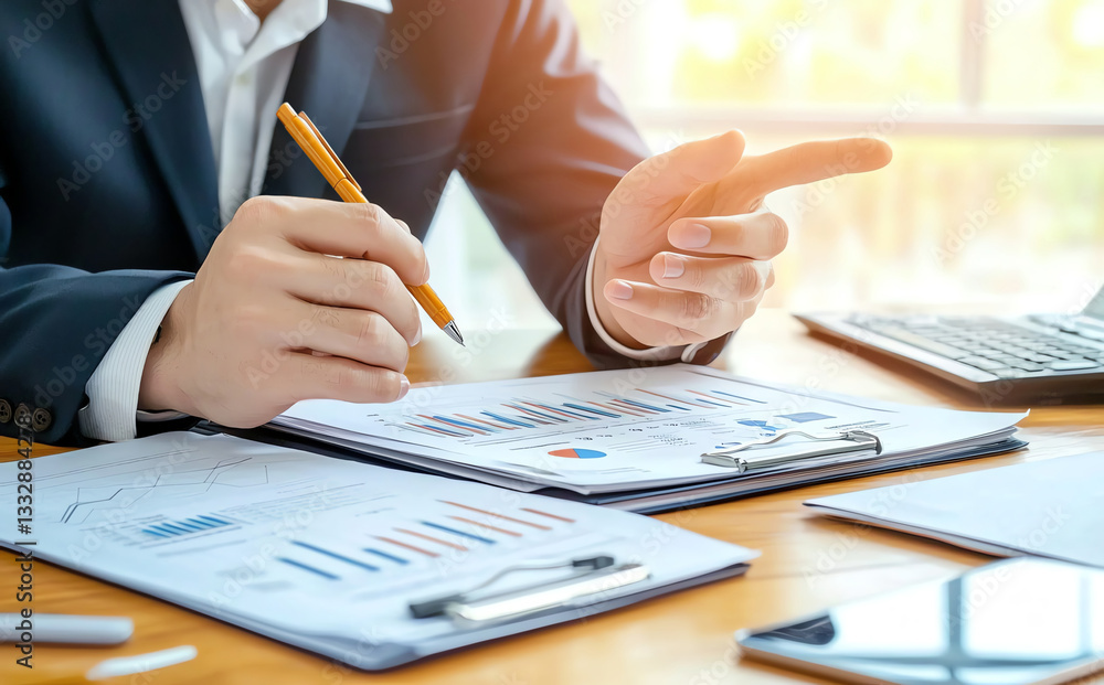 Poster a professional reviewing analytical charts and reports in a modern office setting. the image capture