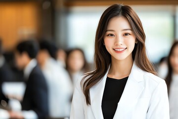 Naklejka premium A confident young professional smiles in a modern business environment. The image captures the essence of teamwork and success in a vibrant corporate setting.