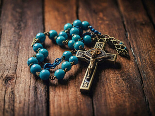 Close-up of rosary beads on wooden surface