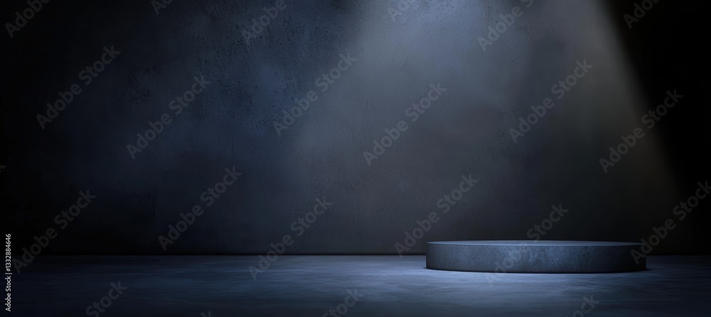Poster empty round platform on dark blue concrete studio background illuminated by spotlights