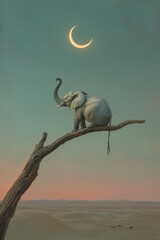 Obraz premium Elephant balancing on a branch in a twilight desert with crescent moon