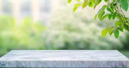 Empty marble table with blurred green spring nature background