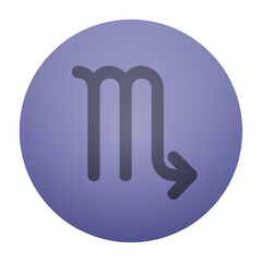 Scorpio zodiac sign vector. M symbol with arrow on a clean purple circle.