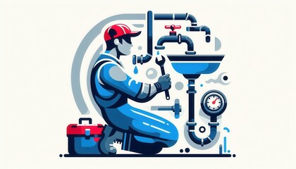 Plumber fixing leaky sink home kitchen illustration indoor close-up repair concept